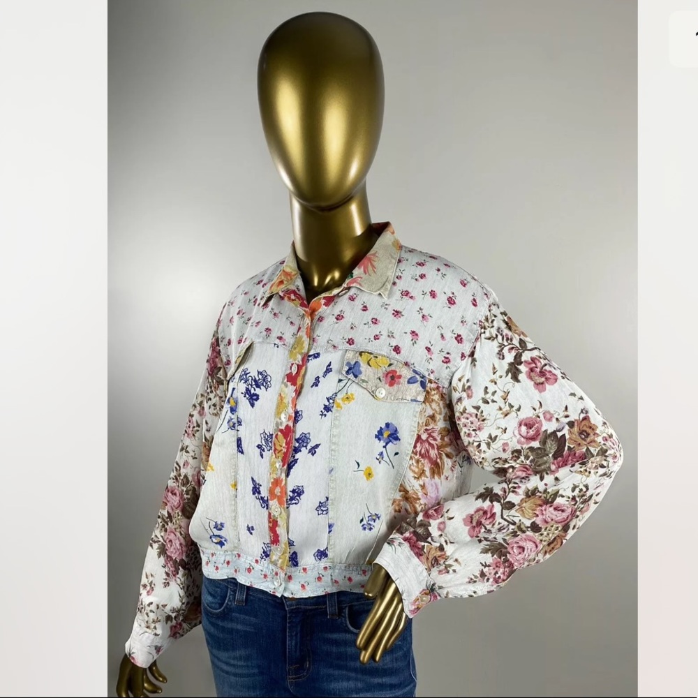Sacred Threads Patchwork Floral Crop Jacket Shirt - image 1